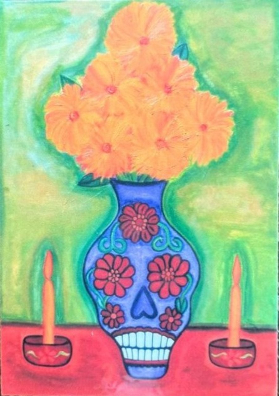 Mexican Folk Art, Chicana Folk Art, Mexican Indigenous Folk Art, Emilia Garcia, Chicana Emilia Garcia, Los Angeles Artist, Painting, Print of Emilia Garcia, Magnets,  Day of the Dead Art, Day of the Dead Skull Vase & Marigolds, Dia de los Muertos Ofrenda, Calendulas, Dia de los Muertos Calendulas