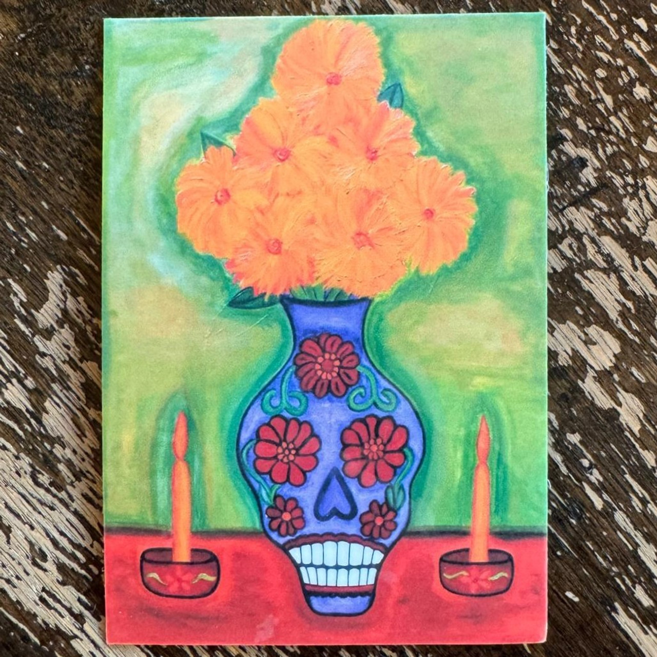 Vintage Magnet Painting Print by Chicana Artist Emilia Garcia, Skull Vase w Marigold Dia de Muertos