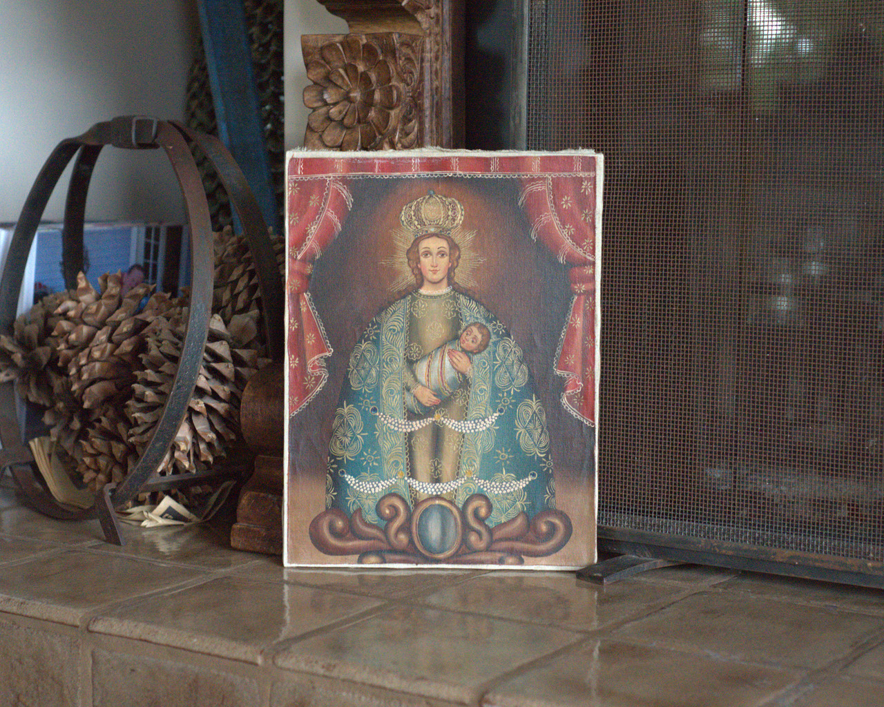 Vintage Peruvian Folk Art, Peruvian Religious Decor, Vintage Peruvian Painting, Canvas Painting, Religious Canvas Painting, Virgen del Carmen with Christ Child Painting, Virgen Carmen, Virgen del Carmen Painting, Patron of Sailors, Patron of Fishermen