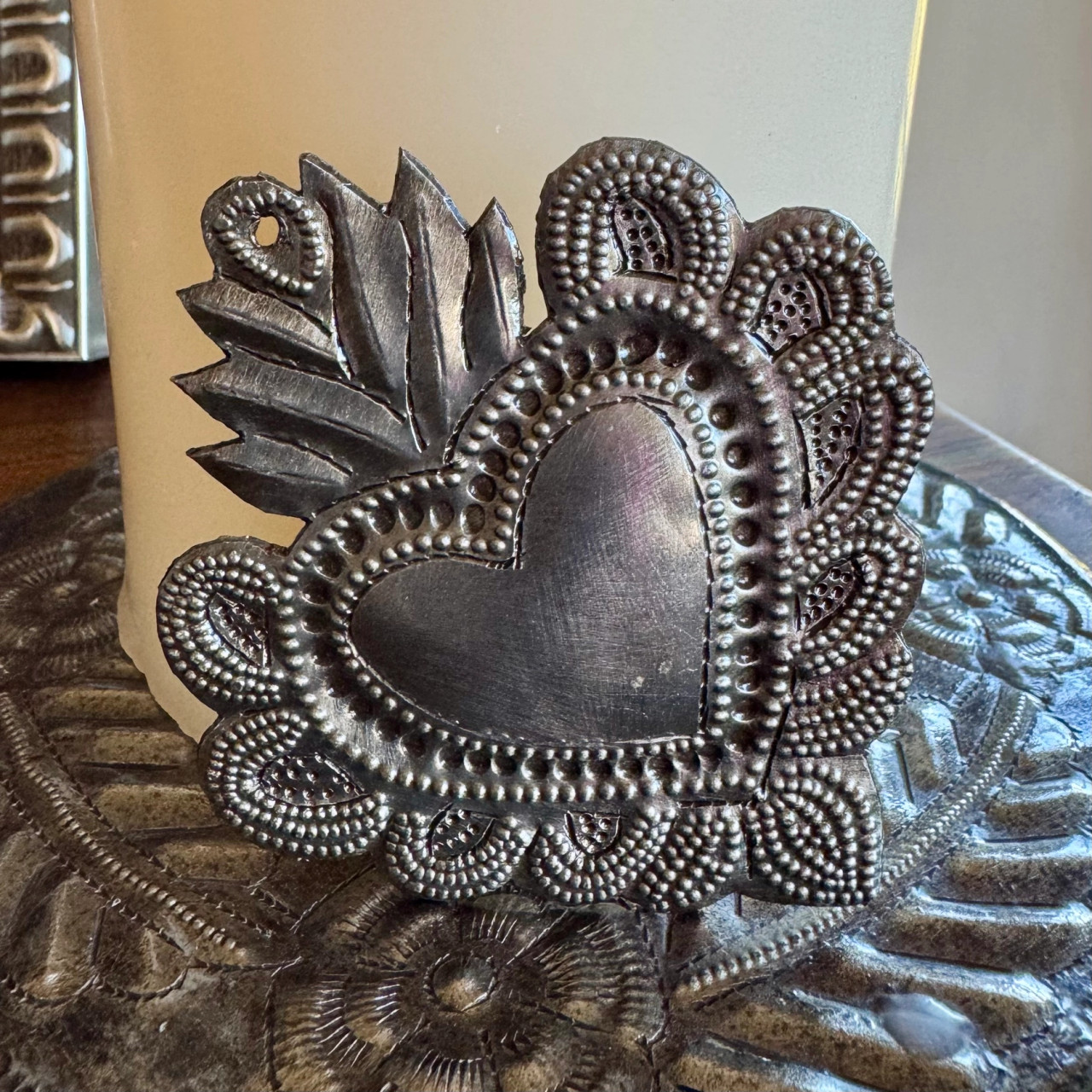 Peace and Love, Milagro Heart, Sacred Heart, Metal Sacred Heart, Metal Milagro Heart, Metal Mexican Inspired Heart, Ornament Heart, Religious Milagro Ornament