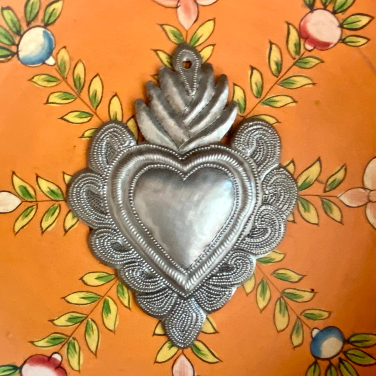 Metal Heart, Milagro Heart, Sacred Heart, Handmade Heart, Religious Heart, Metal Sacred Heart, Handmade Haitian Metal Art, Christmas Heart Ornament