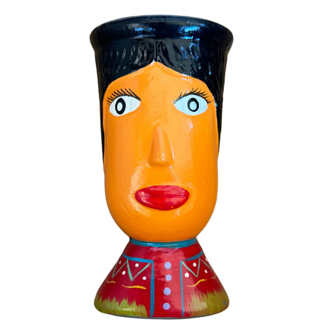 Guatemalan handprinted face vase whimsical folk art