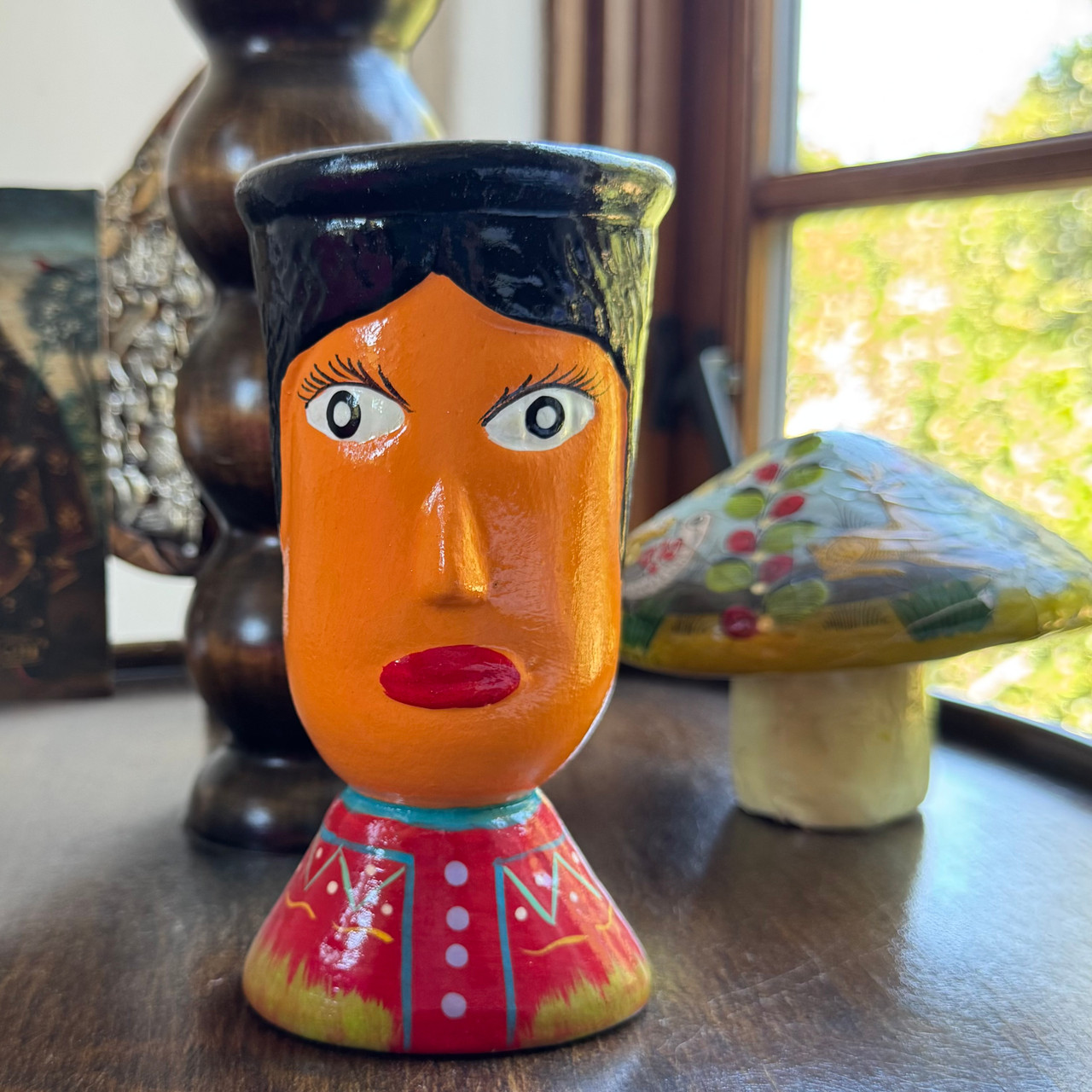 Guatemalan handprinted face vase whimsical folk art