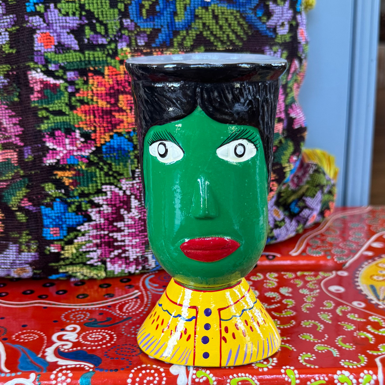 face container hand painted, Painted Face Vase, Vintage Face Vase, Green Vase, Green Face Vase, Whimsical Folk Art, Maximalist Home