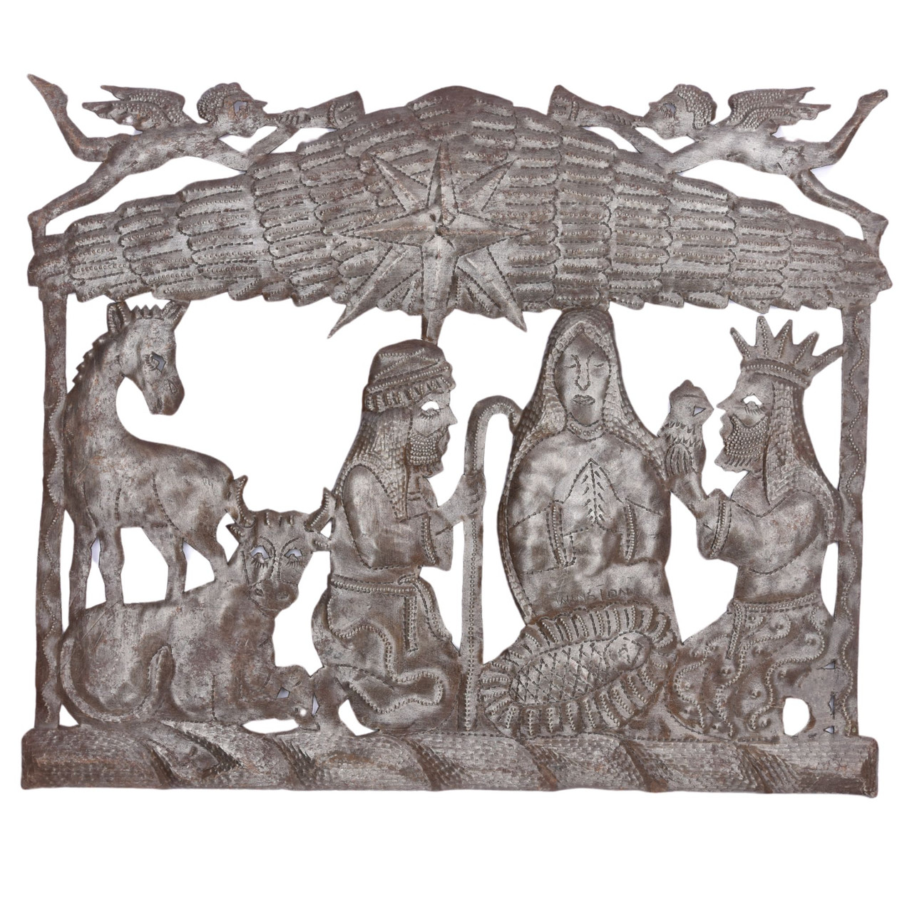 nativity handmade in Haiti Fair Trade up cycled folk art