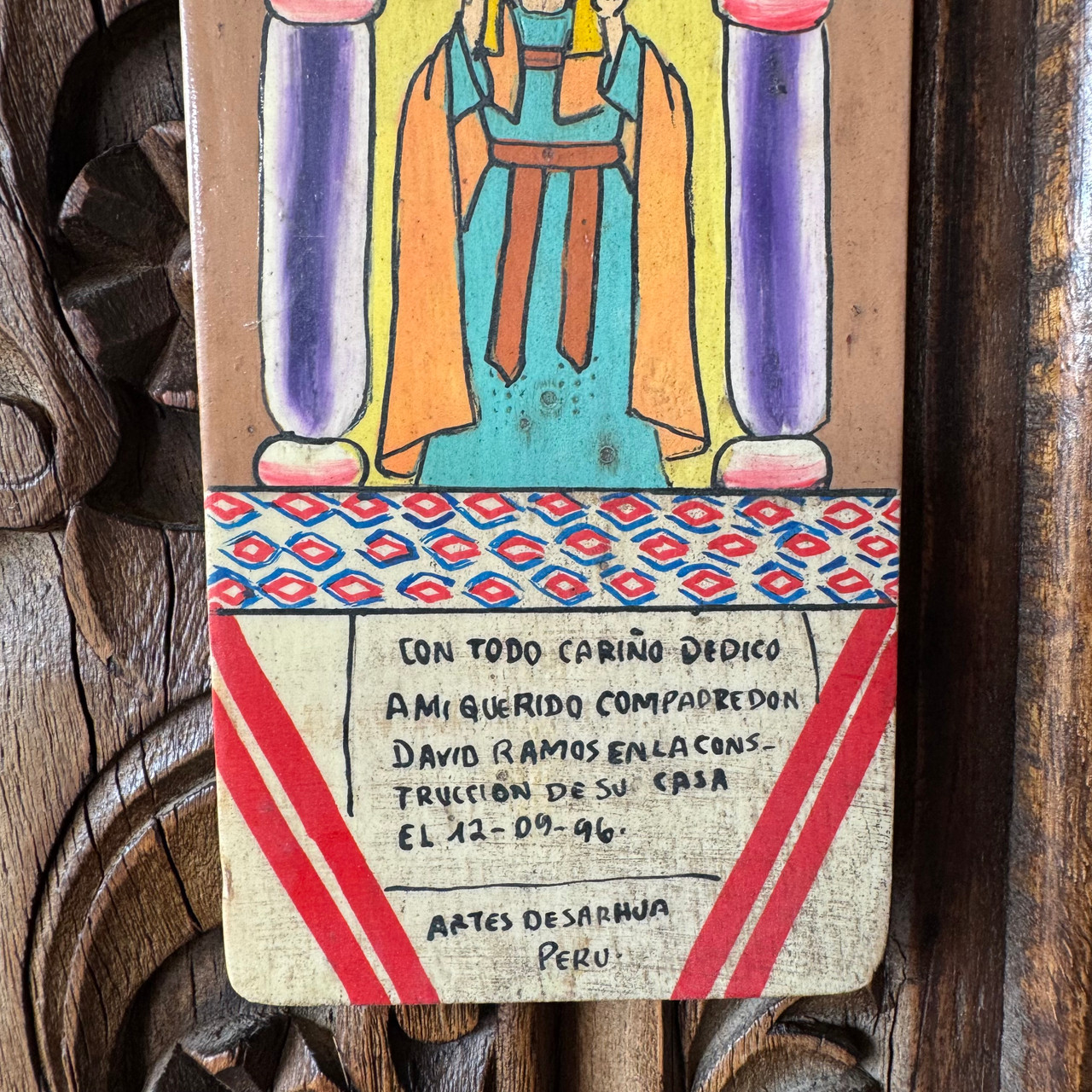 ayacucho peru, andean folk art, house blessing, house dedication board, latin american folk art, hand painted wood panel, indigenous art peru, artes de sarhua, narrative painting, village life art, ethnographic art