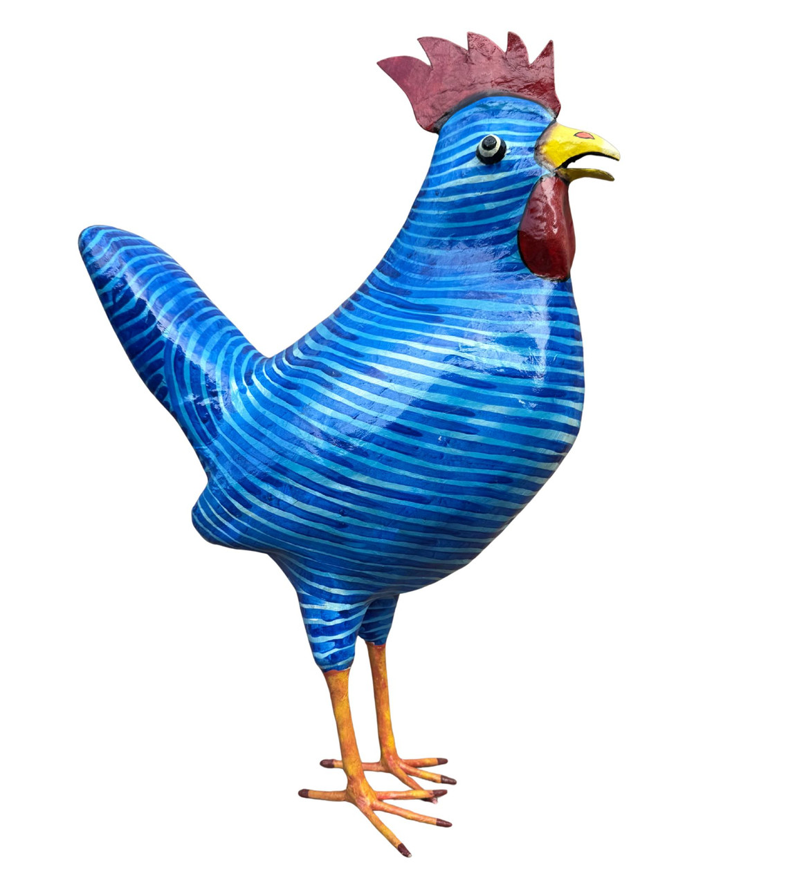 Bright Blue Striped Whimsical Paper Mache Rooster