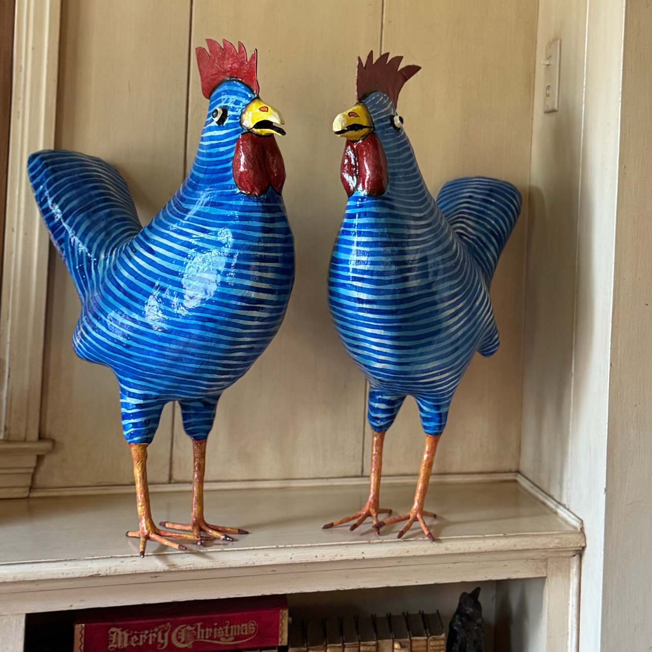 Bright Blue Striped Whimsical Paper Mache Rooster