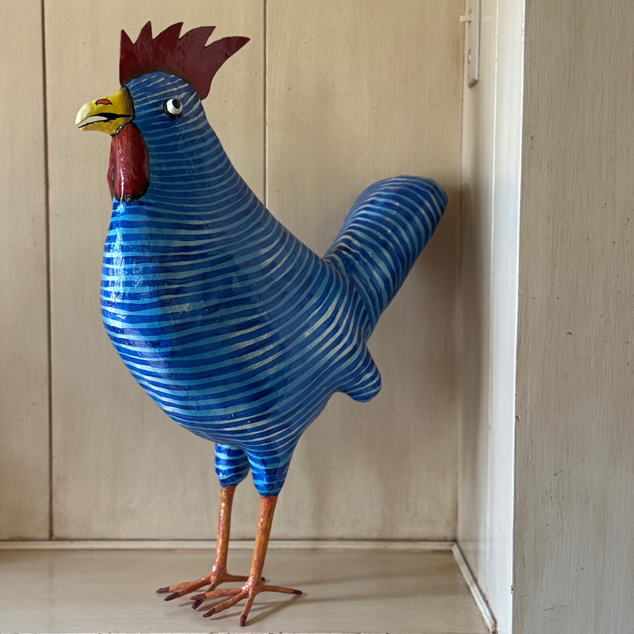 Bright Blue Striped Whimsical Paper Mache Rooster