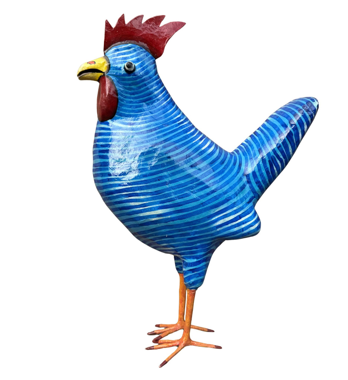 Bright Blue Hand Painted Striped Whimsical Paper Mache Rooster