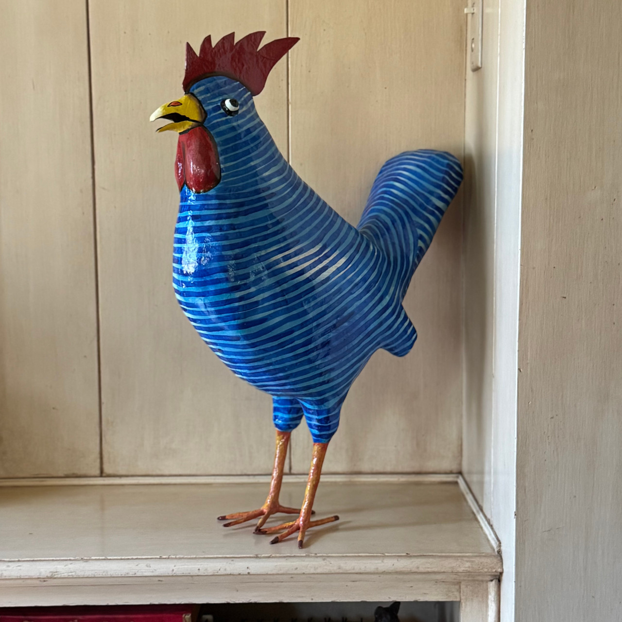 Bright Blue Hand Painted Striped Whimsical Paper Mache Rooster