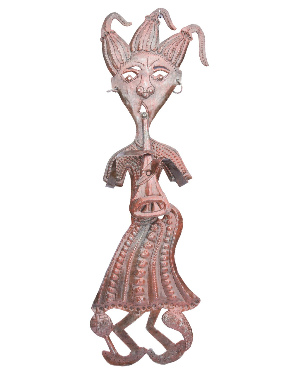 Girl with Horn musician whimsical one of a kind art, outsider art haiti