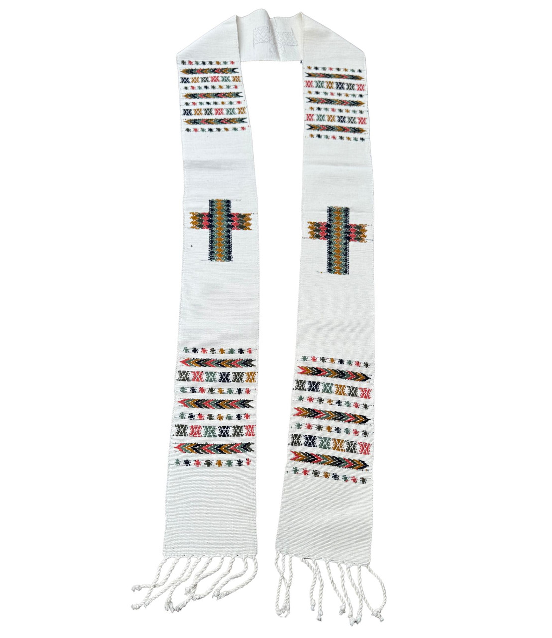 Clerical Stole, Deacon Estola, Handwoven with Geometric Motifs, Cream and Green Colored, Guatemala Textile Home Decor, Festive, Cotton