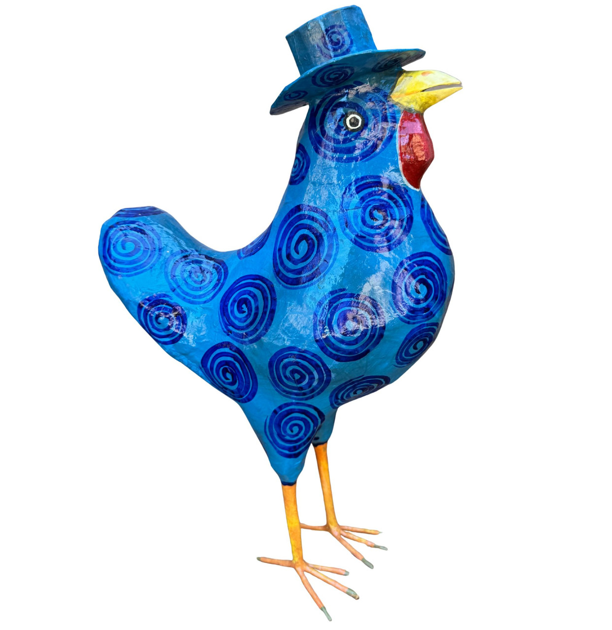 Hand Painted Bright Blue Rooster in a Top Hat with Swirls Whimsical Paper Mache