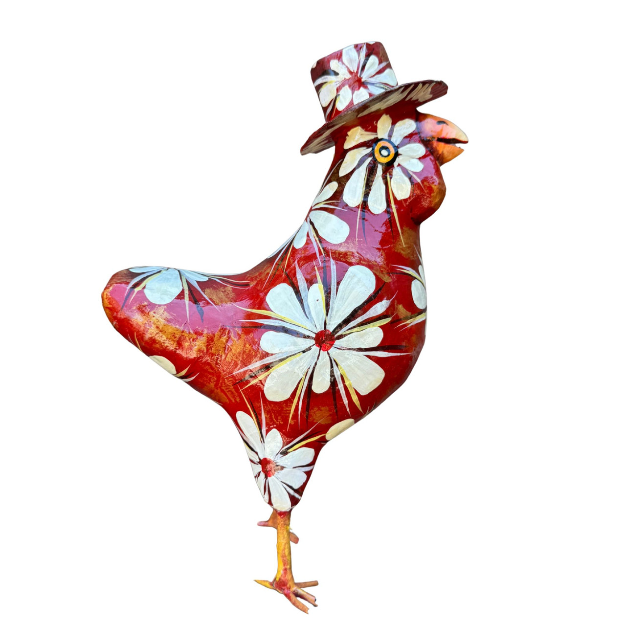 Bright Red with Flowers Hand Painted Rooster in a Top Hat with Swirls Whimsical Paper Mache