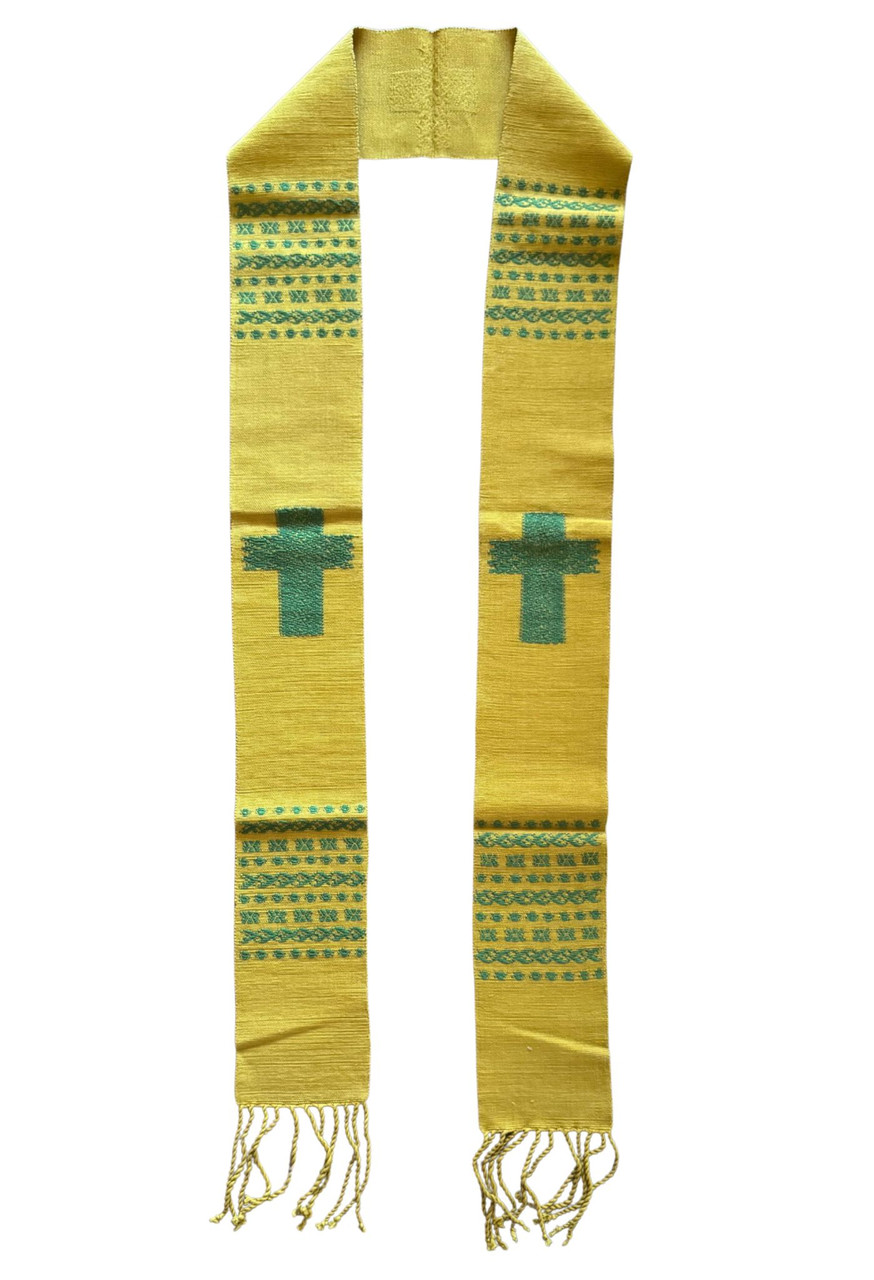 Clerical Stole, Deacon Estola, Handwoven with Gold and Green, Guatemala Textile Home Decor, Festive, Cotton