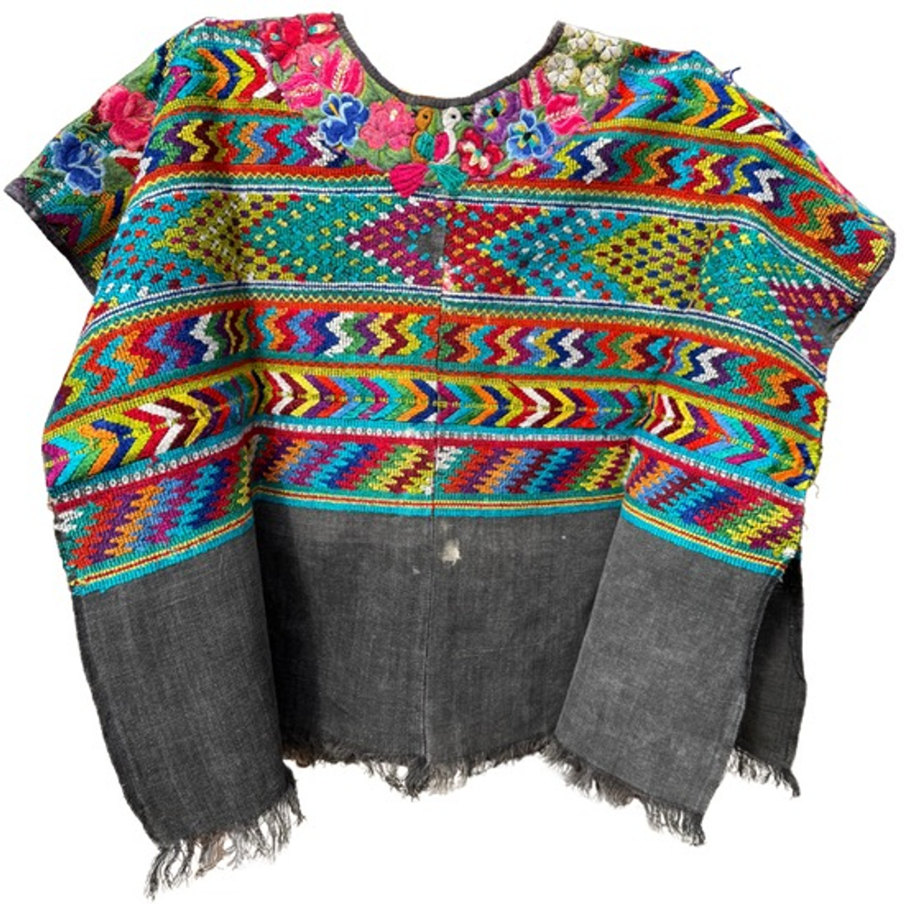 Vintage Guatemalan Huipil from San Juan Comalapa faded Black background, Used condition, small bleached spot on the front