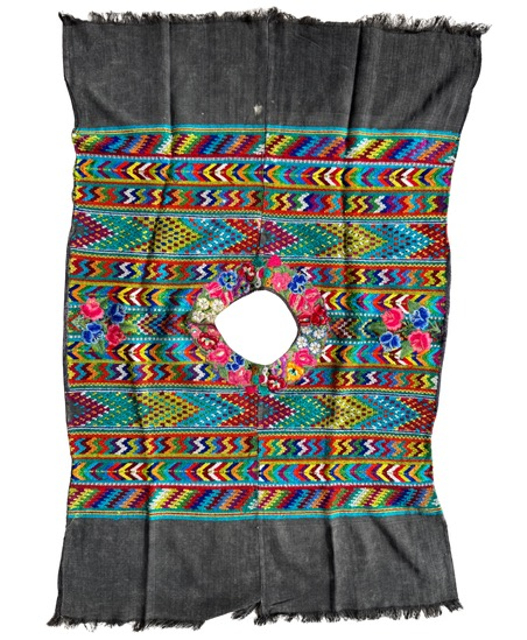 Vintage Guatemalan Huipil from San Juan Comalapa faded Black background, Used condition, small bleached spot on the front