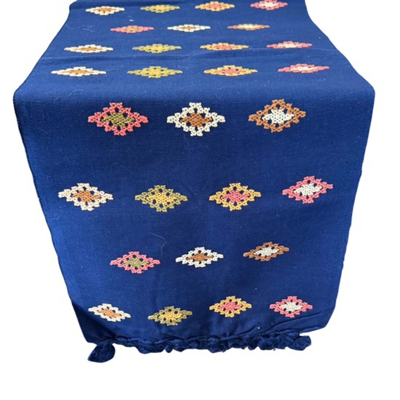 Handmade Fair Trade Table Runner, Navy Blue Base Color with Earth tone Geometric Designs with Tassel Ends