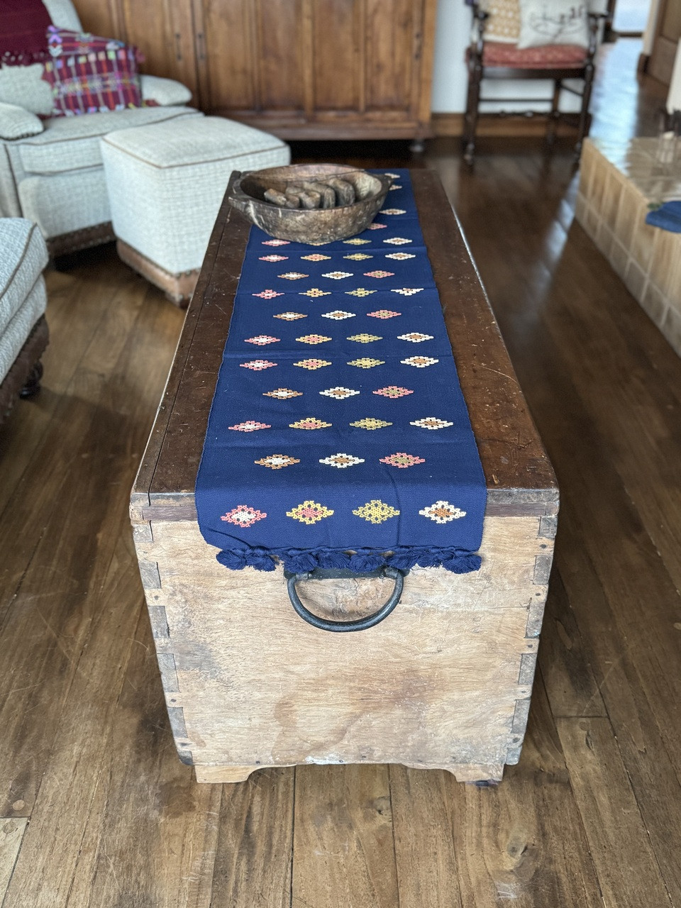 Handmade Fair Trade Table Runner, Navy Blue Base Color with Earth tone Geometric Designs with Tassel Ends