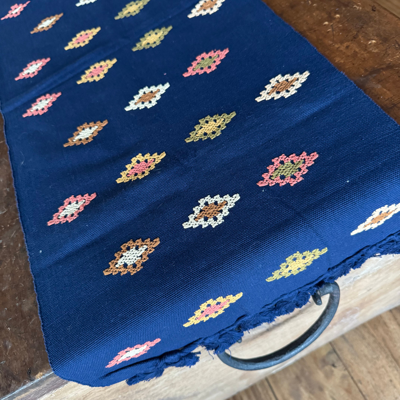 Handmade Fair Trade Table Runner, Navy Blue Base Color with Earth tone Geometric Designs with Tassel Ends