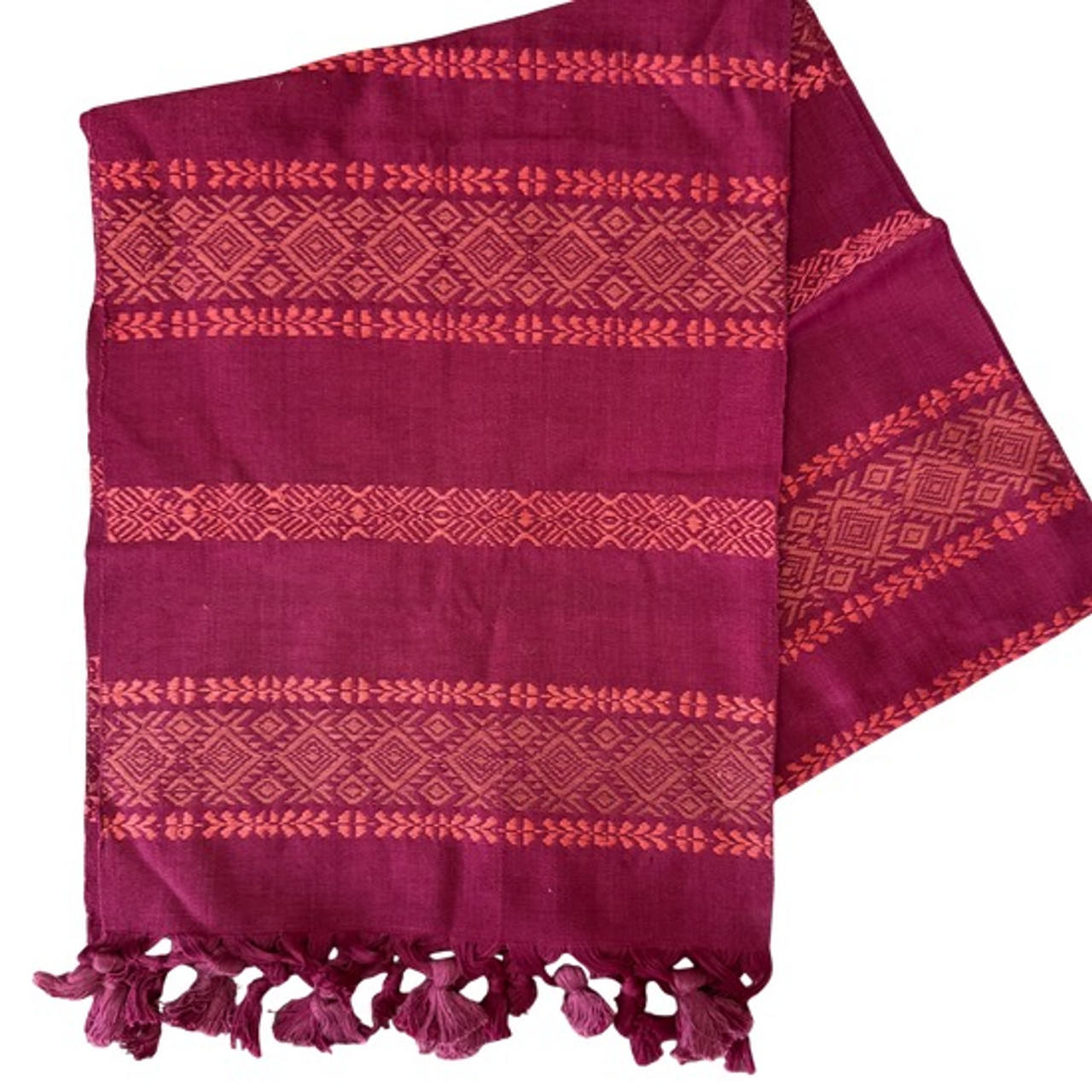 Copy of Handmade Fair Trade Table Runner, Dark Red Base Color with Red Geometric Designs with Tassel Ends
