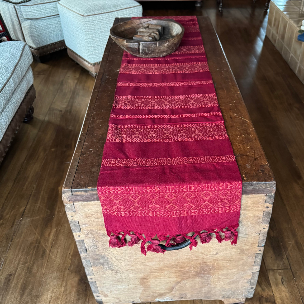 Copy of Handmade Fair Trade Table Runner, Dark Red Base Color with Red Geometric Designs with Tassel Ends