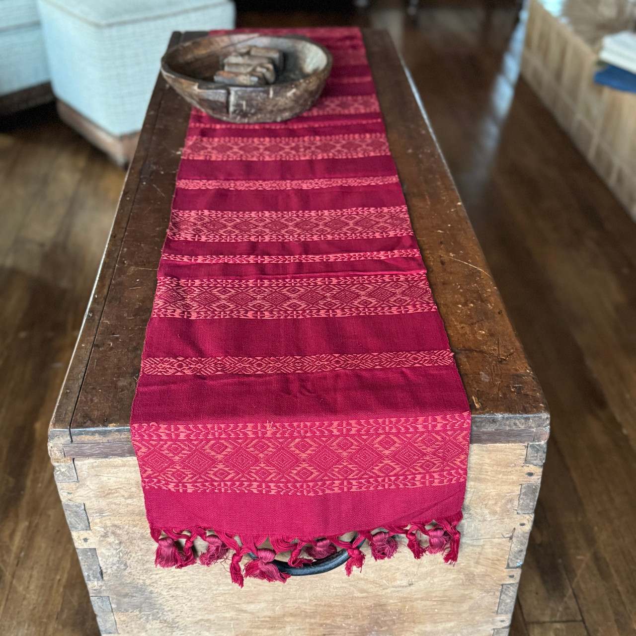 Copy of Handmade Fair Trade Table Runner, Dark Red Base Color with Red Geometric Designs with Tassel Ends