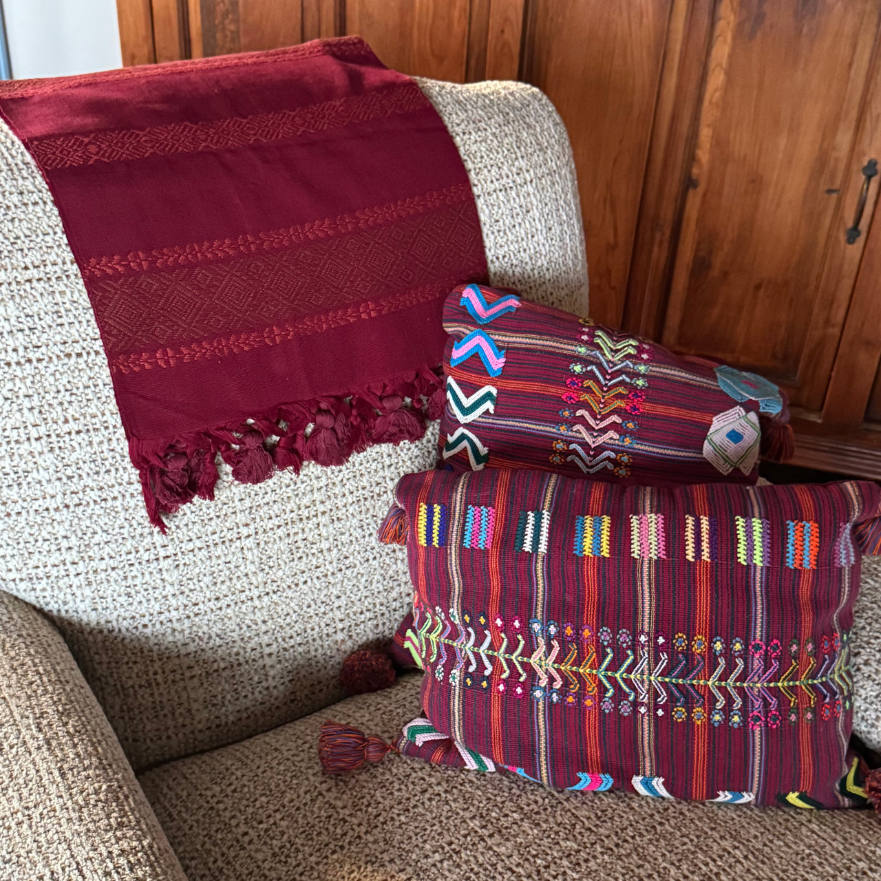Copy of Handmade Fair Trade Table Runner, Dark Red Base Color with Red Geometric Designs with Tassel Ends