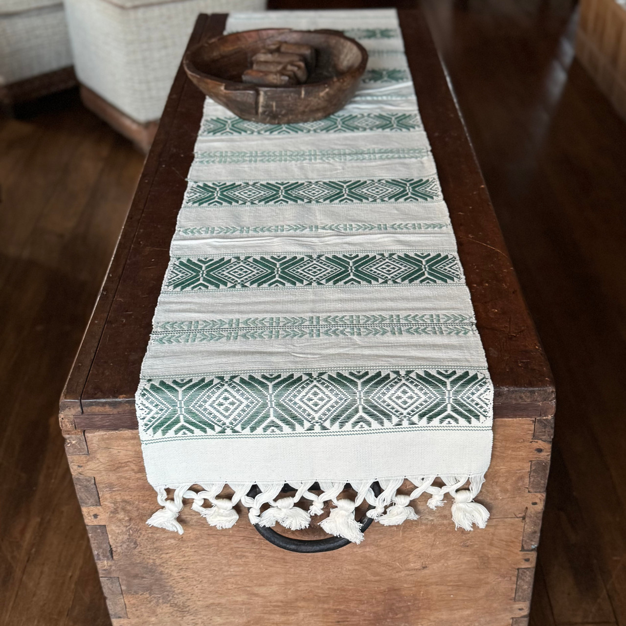 Handmade Fair Trade Table Runner, Cream Base Color with Olive Green Geometric Designs with Tassel Ends