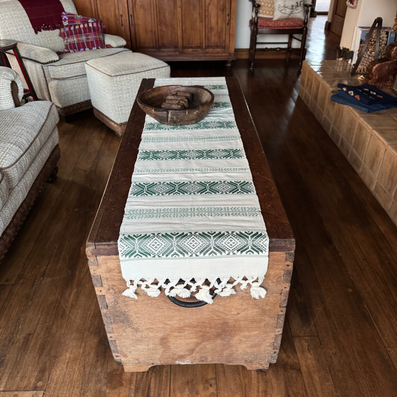 Handmade Fair Trade Table Runner, Cream Base Color with Olive Green Geometric Designs with Tassel Ends