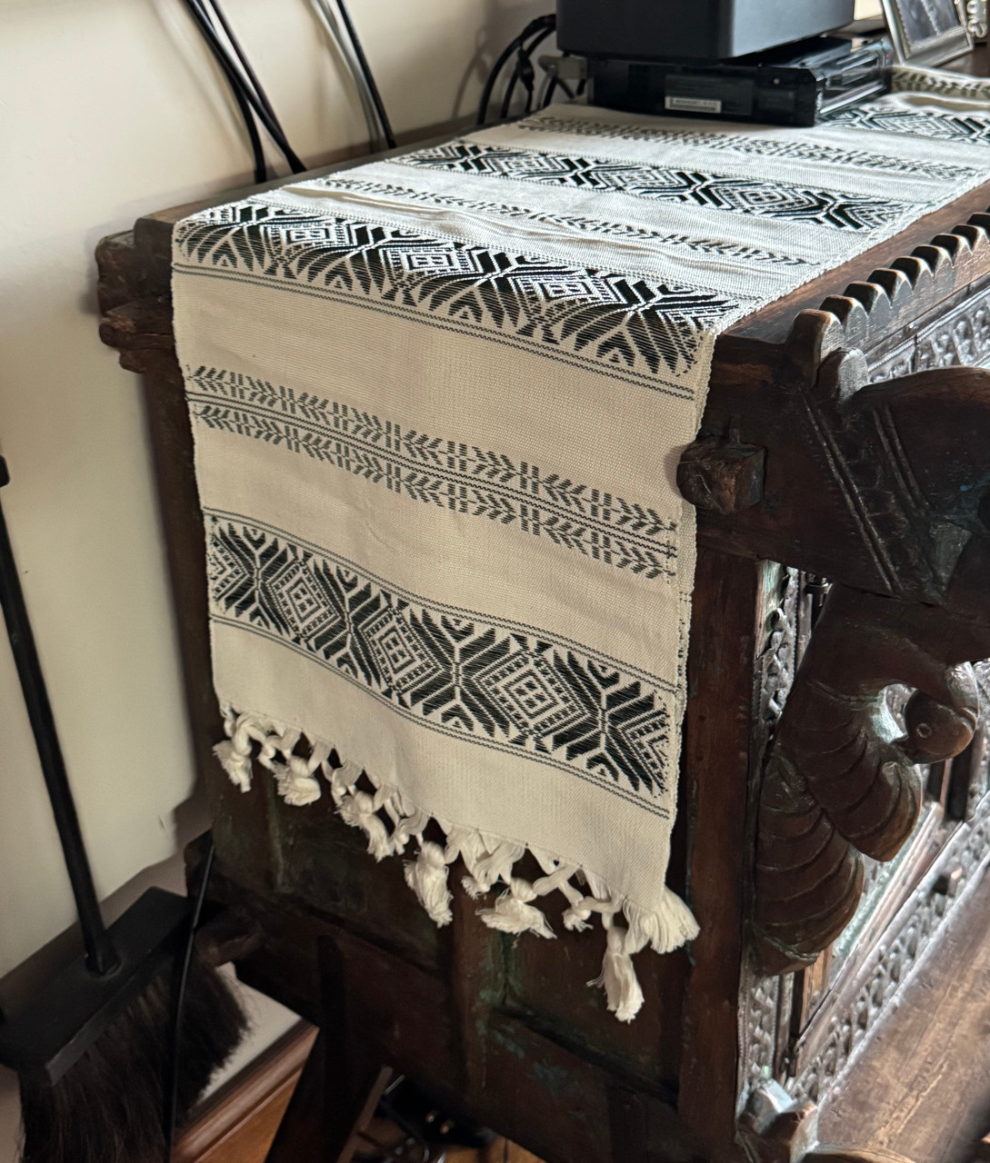 Handmade Fair Trade Table Runner, Cream Base Color with Olive Green Geometric Designs with Tassel Ends