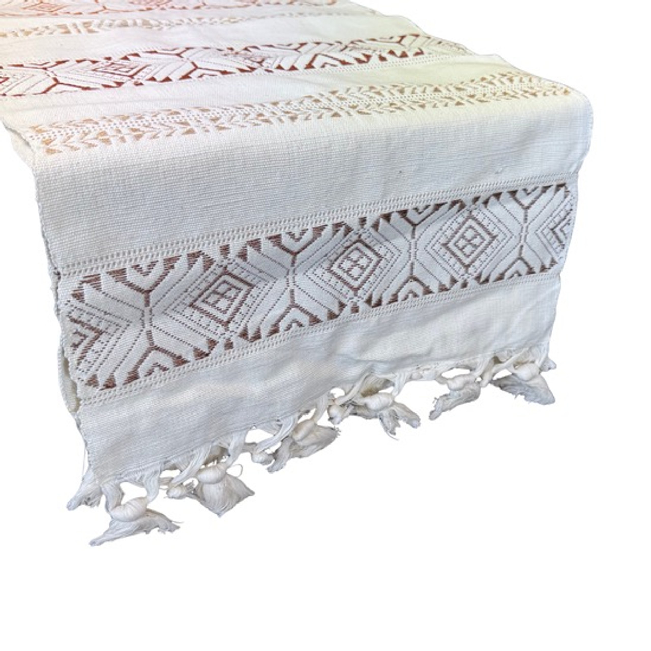 Handmade Fair Trade Table Runner, Cream Base Color with Brown Geometric Designs with Tassel Ends