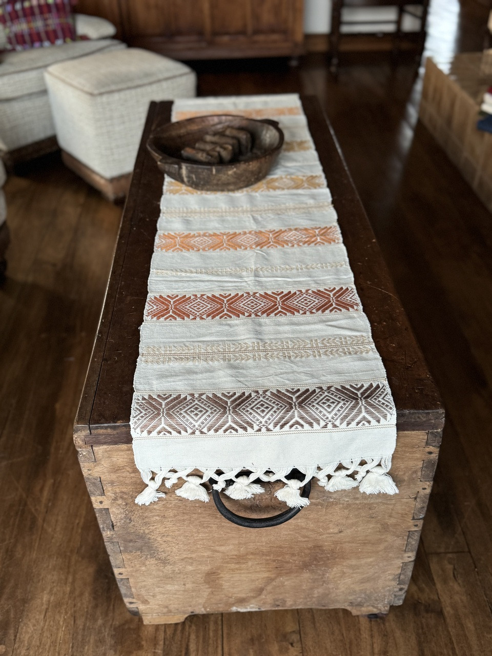 Handmade Fair Trade Table Runner, Cream Base Color with Brown Geometric Designs with Tassel Ends