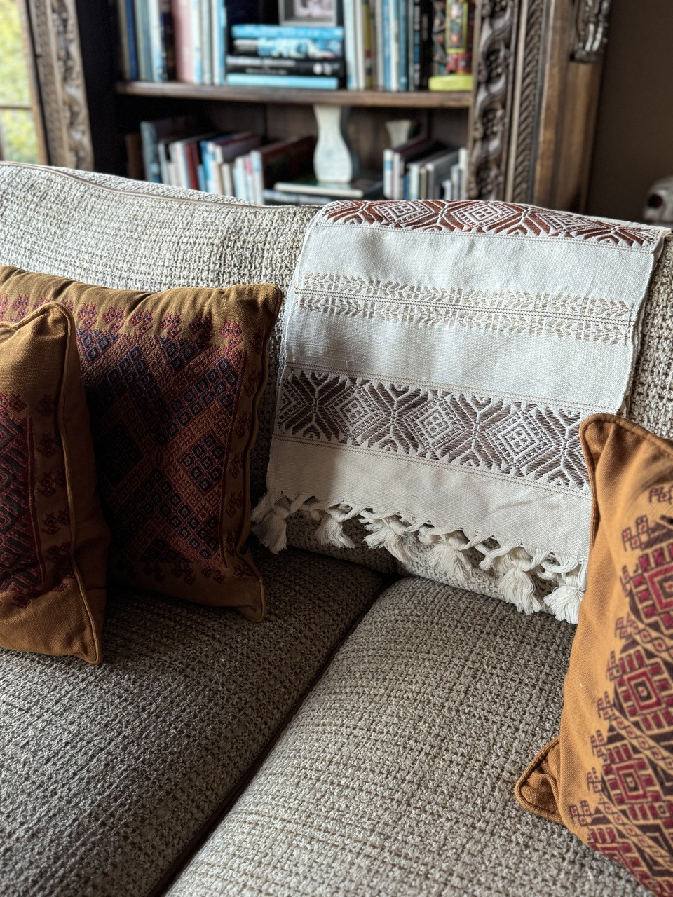 Handmade Fair Trade Table Runner, Cream Base Color with Brown Geometric Designs with Tassel Ends