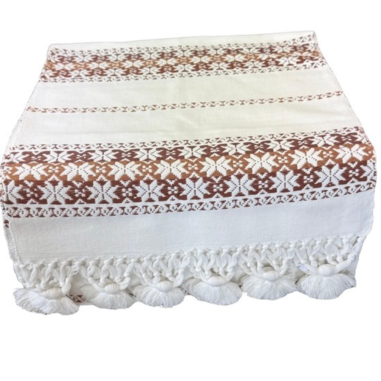 Handmade Fair Trade Table Runner, Cream Base Color with Gold and  Brown Geometric Designs with Tassel Ends
