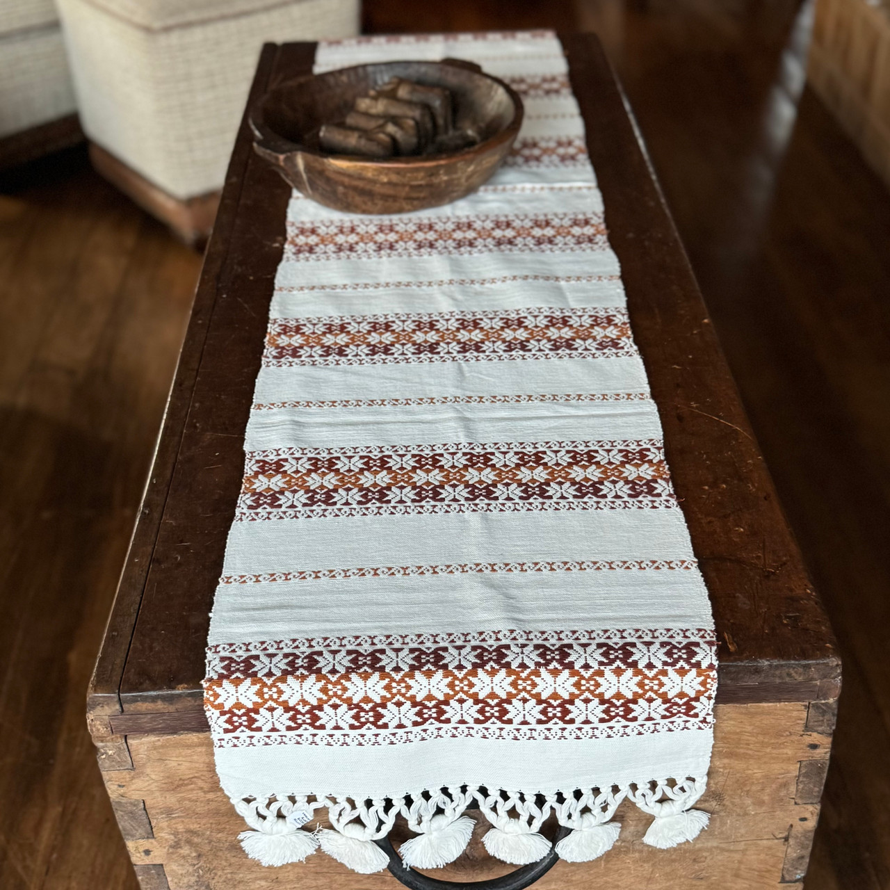 Handmade Fair Trade Table Runner, Cream Base Color with Gold and  Brown Geometric Designs with Tassel Ends