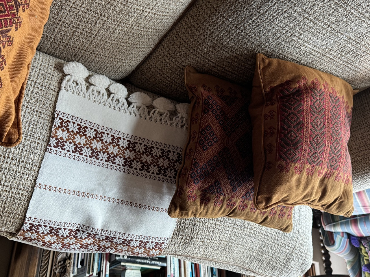 Handmade Fair Trade Table Runner, Cream Base Color with Gold and  Brown Geometric Designs with Tassel Ends