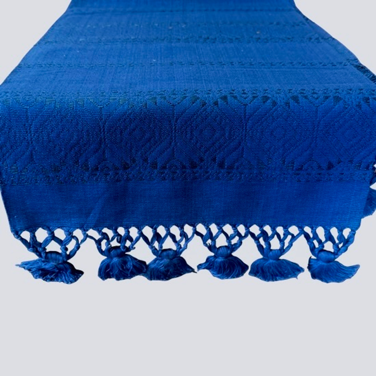 Handmade Fair Trade Table Runner, Blue Base Color and Blue Geometric Designs with Tassel Ends