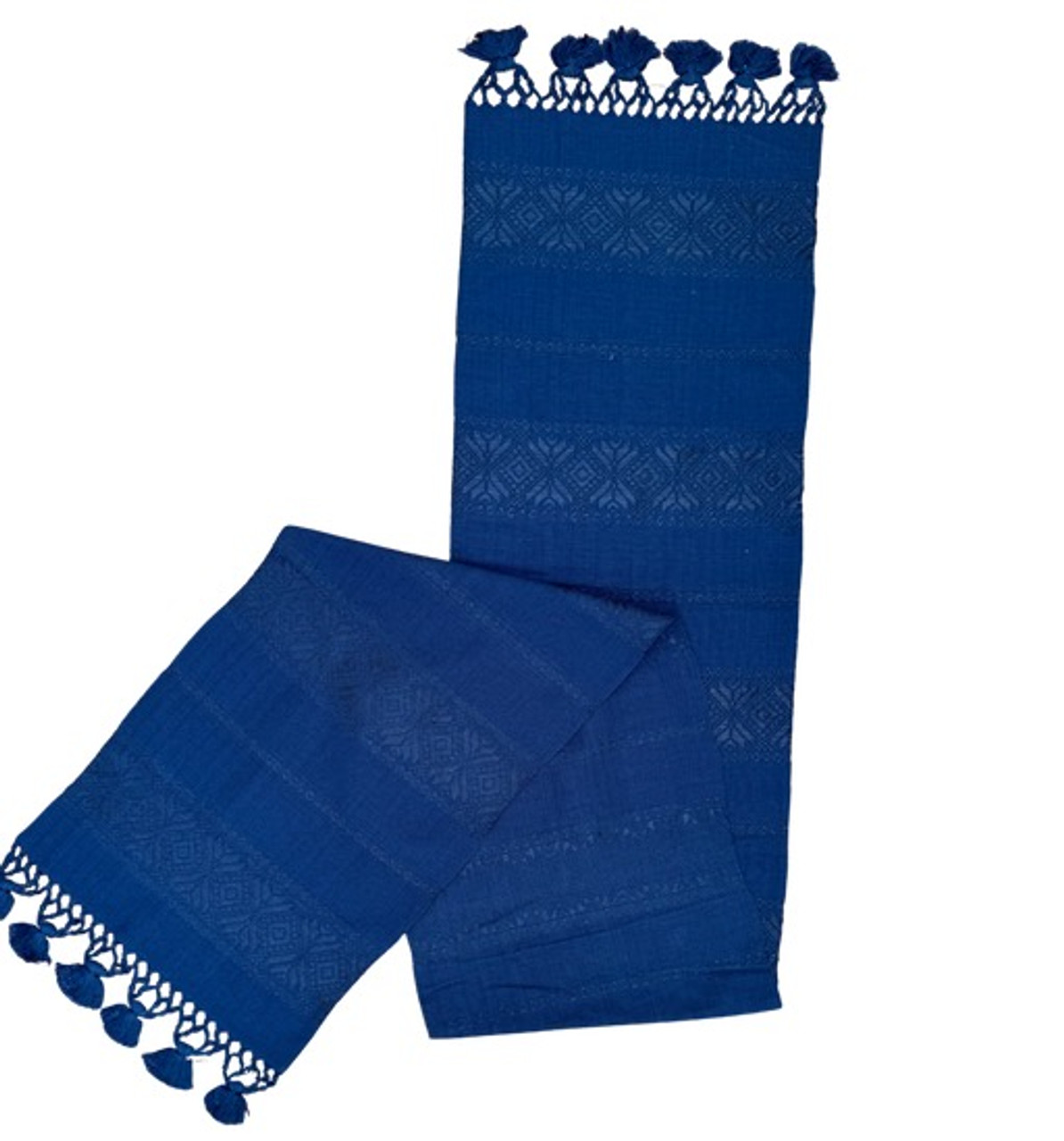 Handmade Fair Trade Table Runner, Blue Base Color and Blue Geometric Designs with Tassel Ends