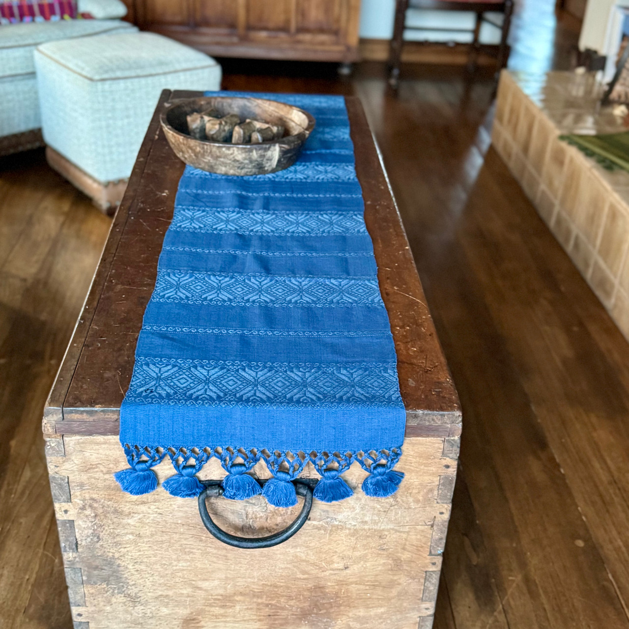 Handmade Fair Trade Table Runner, Blue Base Color and Blue Geometric Designs with Tassel Ends