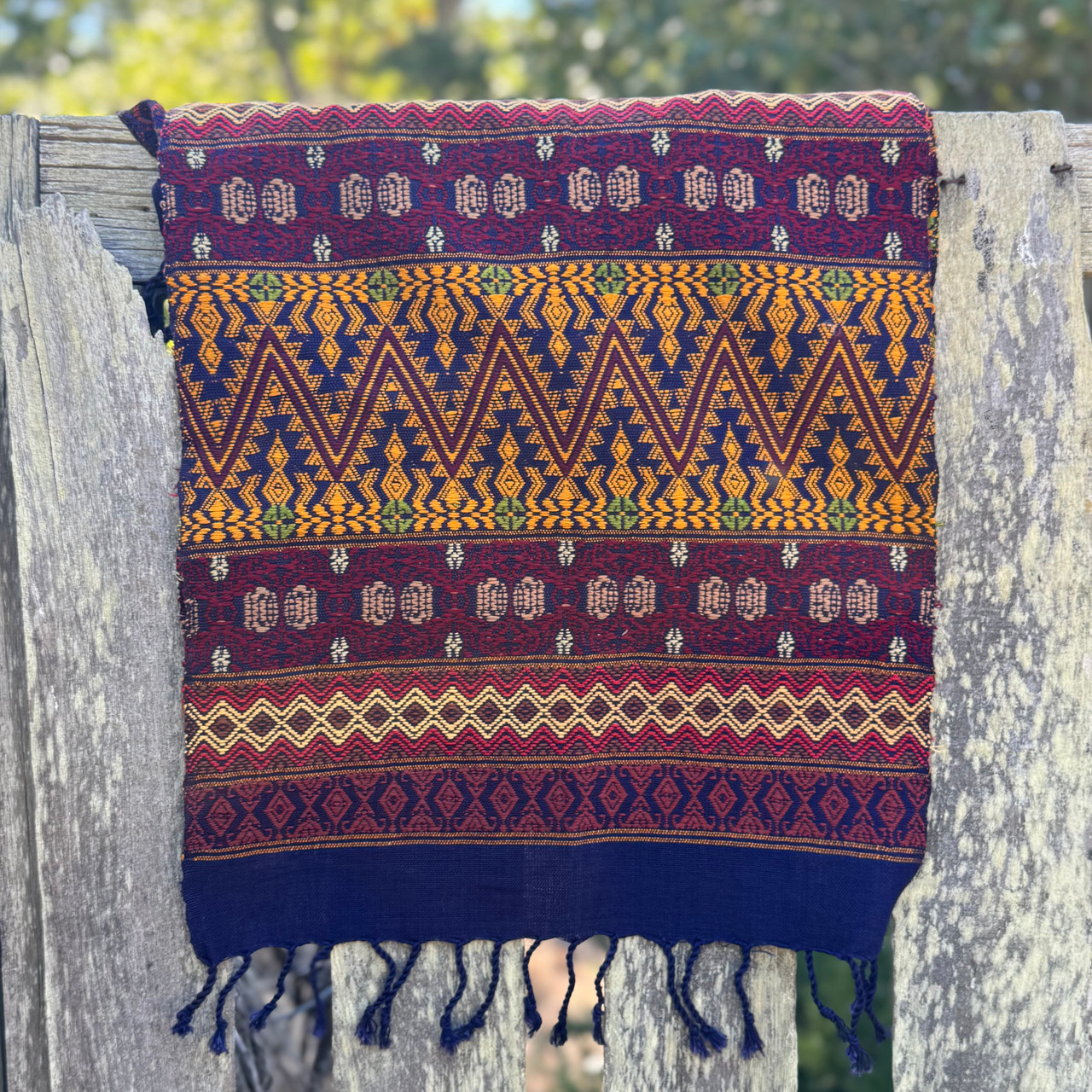 Guatemalan Handmade Table Runner, Blue Base Color and Multi-colored Geometric Designs