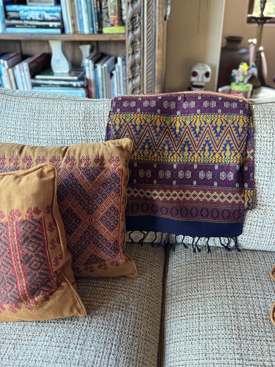 Guatemalan Handmade Table Runner, Blue Base Color and Multi-colored Geometric Designs