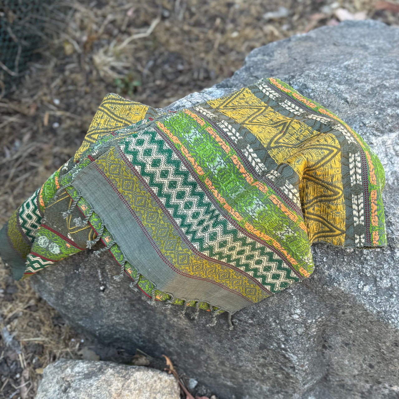 Guatemalan Handmade Table Runner, Olive Base Color and Multi-colored Geometric Designs