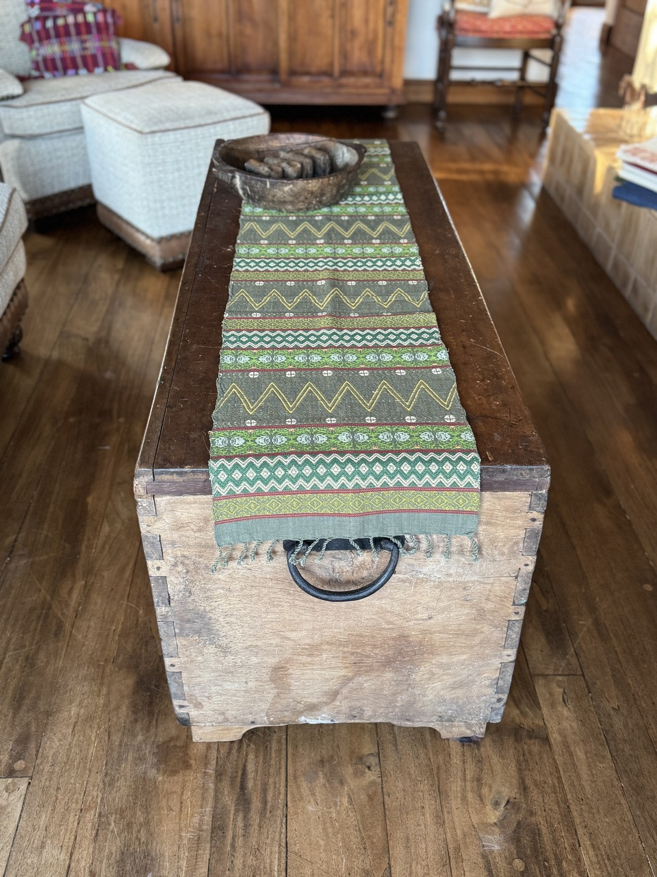 Guatemalan Handmade Table Runner, Olive Base Color and Multi-colored Geometric Designs