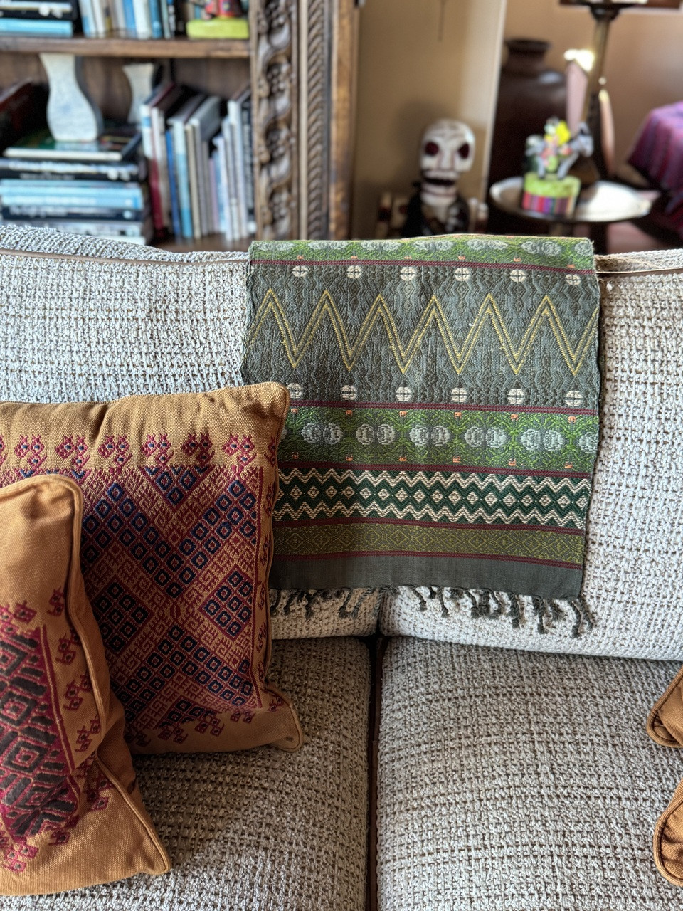 Guatemalan Handmade Table Runner, Olive Base Color and Multi-colored Geometric Designs