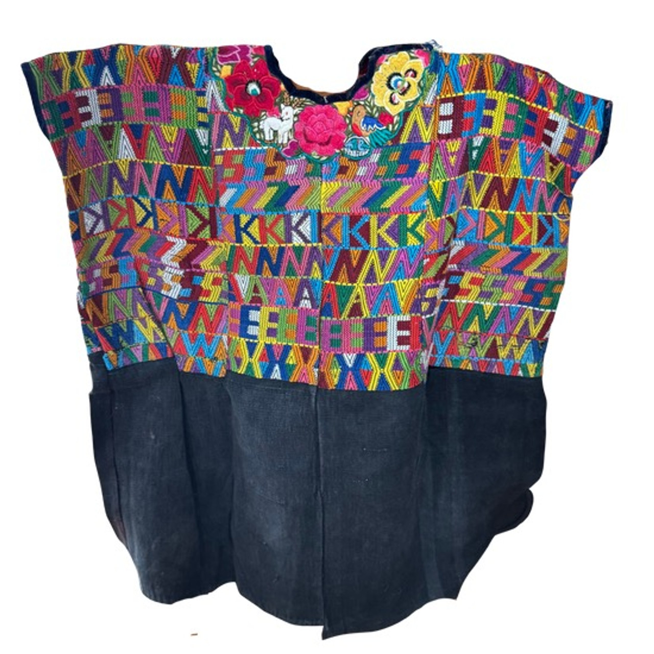 Vintage Handmade Guatemalan, Woven on a Back Strap Loom, Black Base Color  Huipil from Almolonga