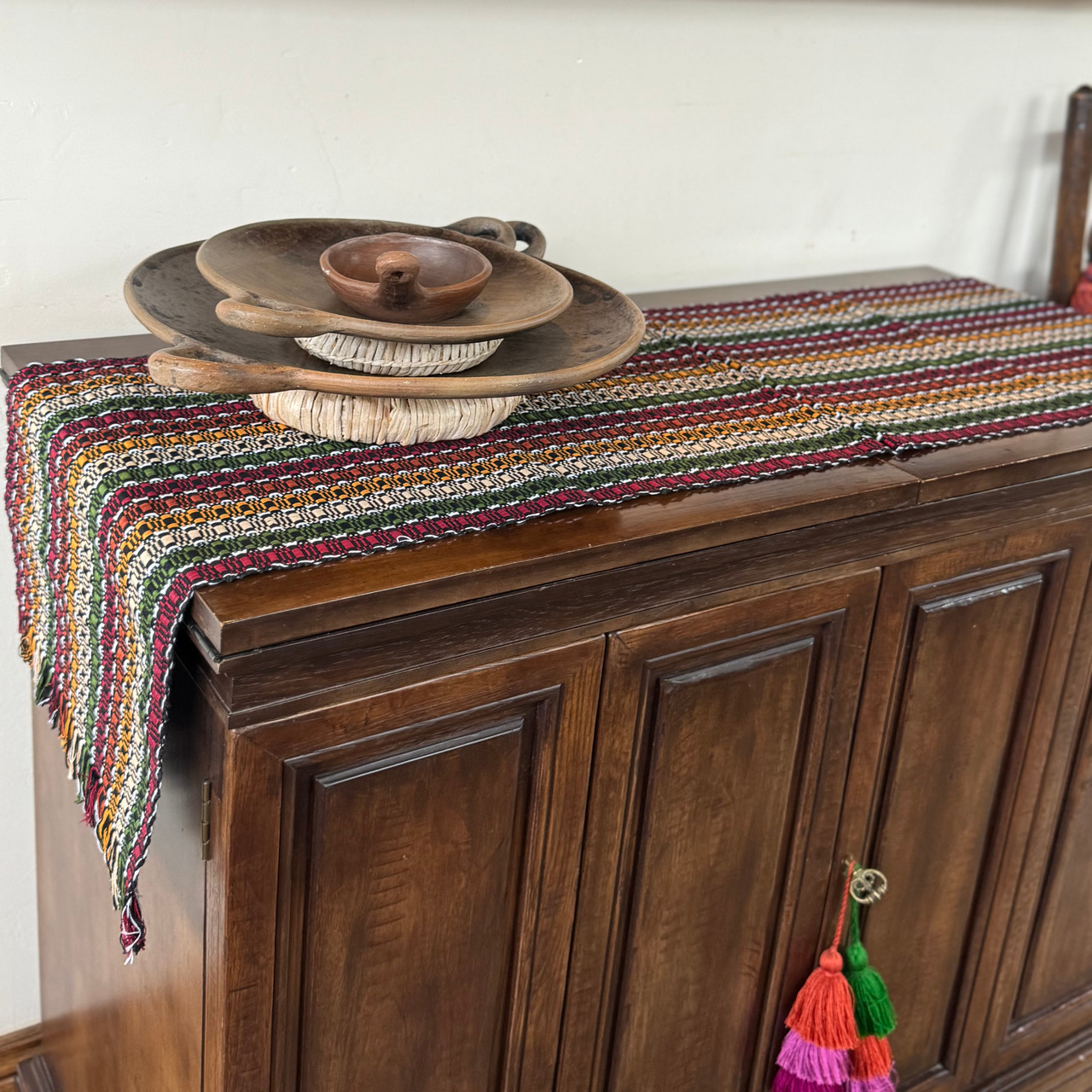 Brown, Burgundy, Olive and Gold Striped Guatemalan Table Runner