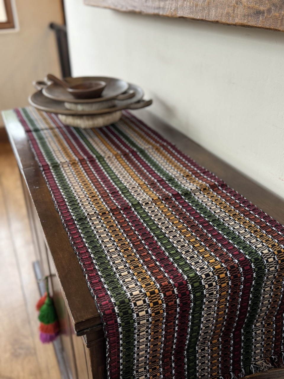 Brown, Burgundy, Olive and Gold Striped Guatemalan Table Runner