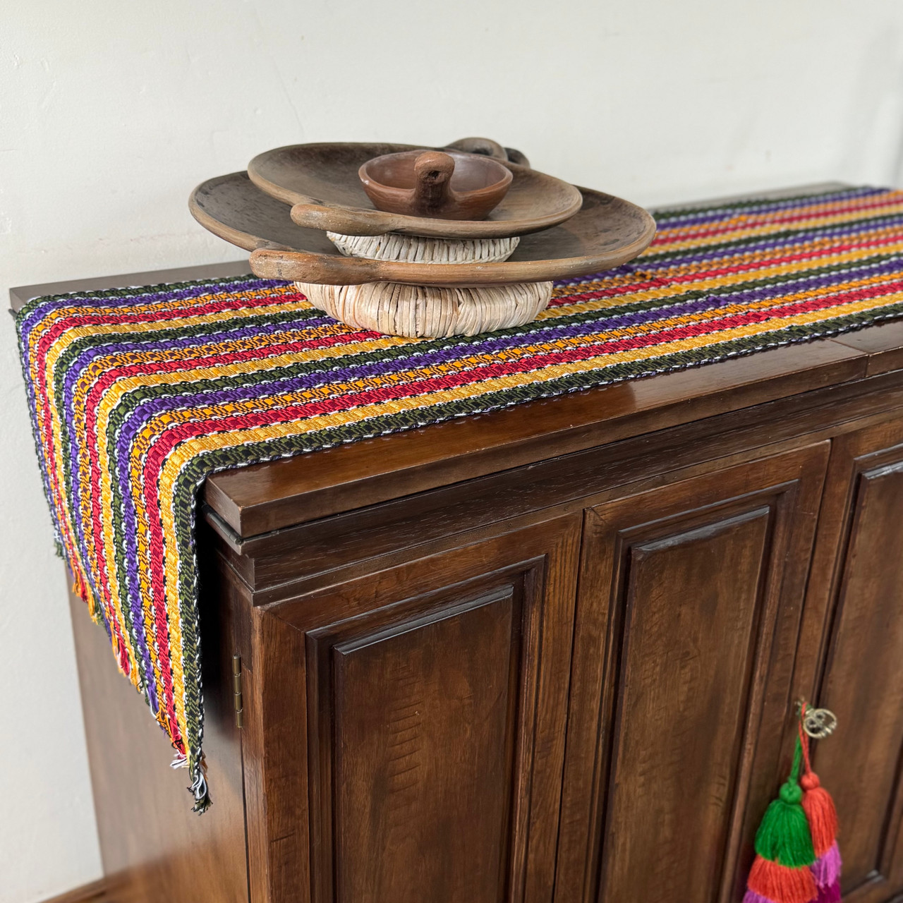 Brown, Burgundy, Olive and Gold Striped Guatemalan Table Runner